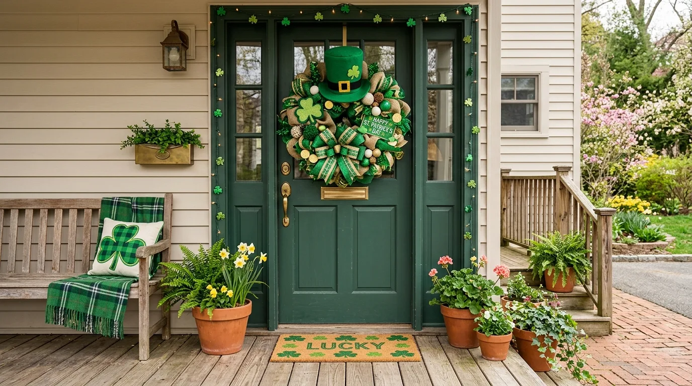 Leprechaun hat themed wreath on a front door